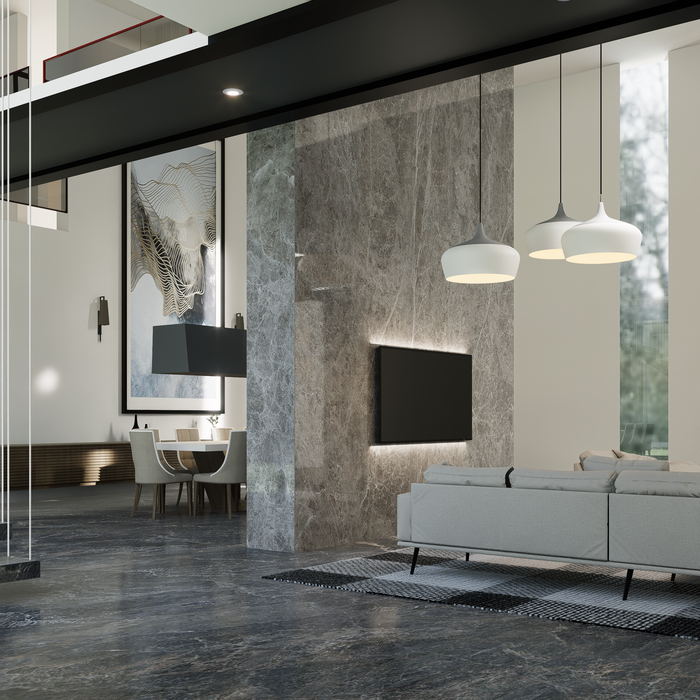 A sleek modern living room with marble features, stylish lighting, and minimalistic decor for elegant interiors.
