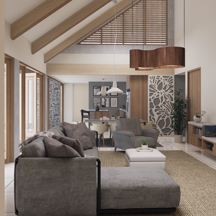 Spacious modern living room featuring minimalist design, wooden accents, and stylish decor.