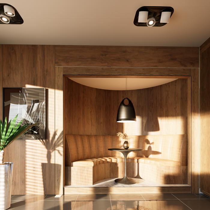 Modern interior with a cozy wood niche seating area, reflecting warm ambiance.